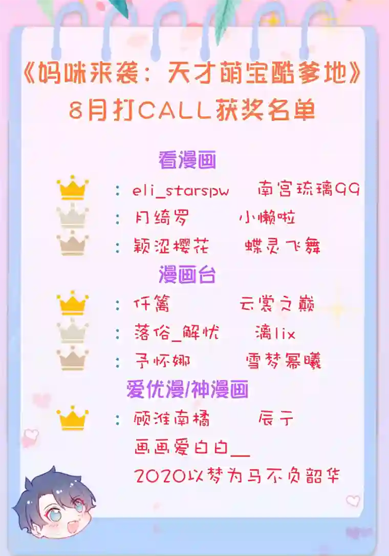 妈咪来袭，天才萌宝酷爹地8月打CALL获奖名单